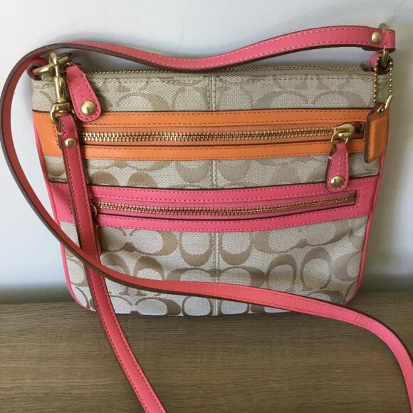 COACH Bonnie Cashin Crossbody Bag Signature Tan, Pink & Orange w/Gold Hardware - Picture 3 of 5
